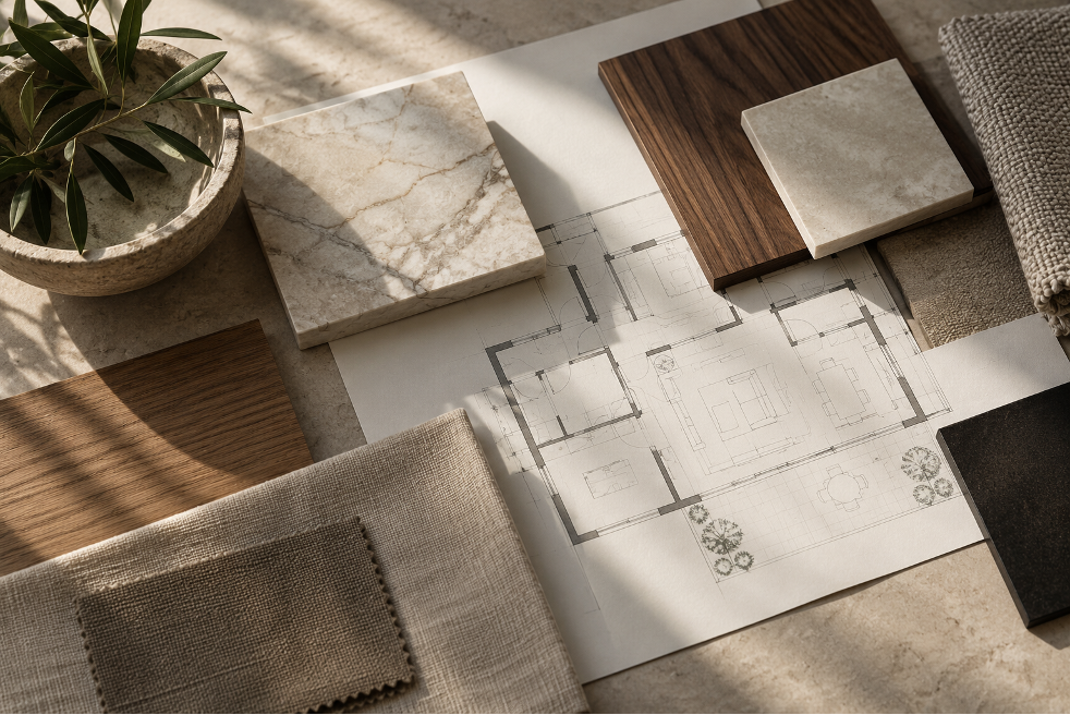 Material samples and plans used to build a luxury property marketing narrative