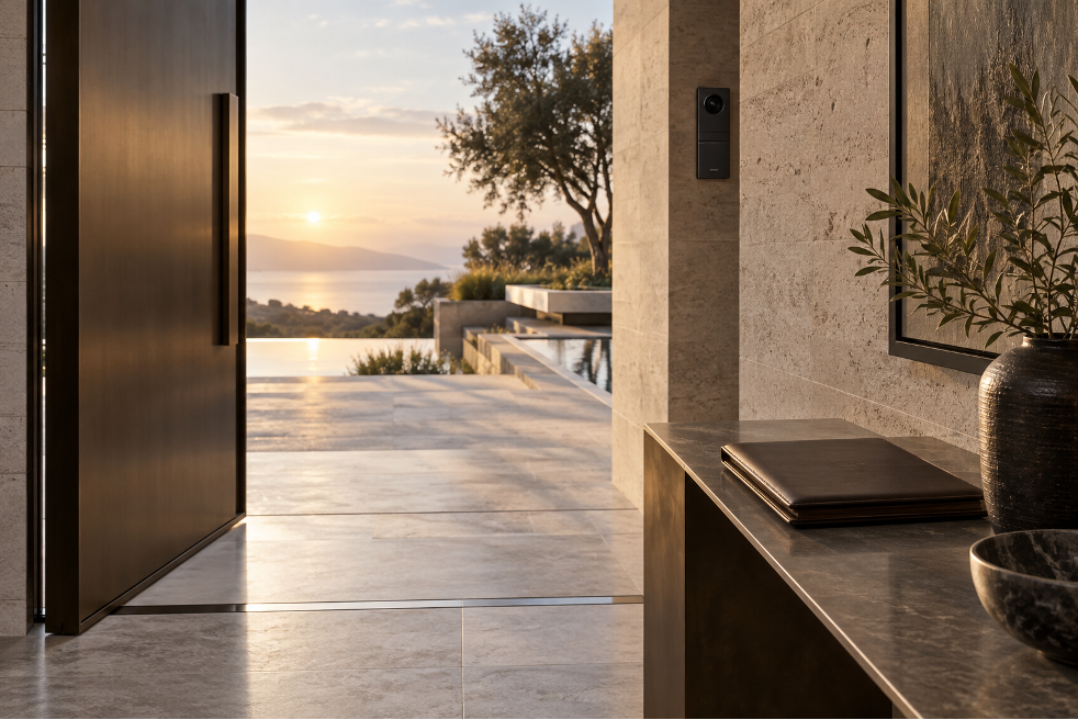 Luxury real estate risk management represented by a discreet, secure modern home entrance