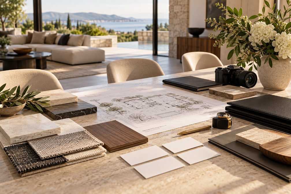 Luxury real estate vendor network represented by coordinated property plans, materials and professional tools