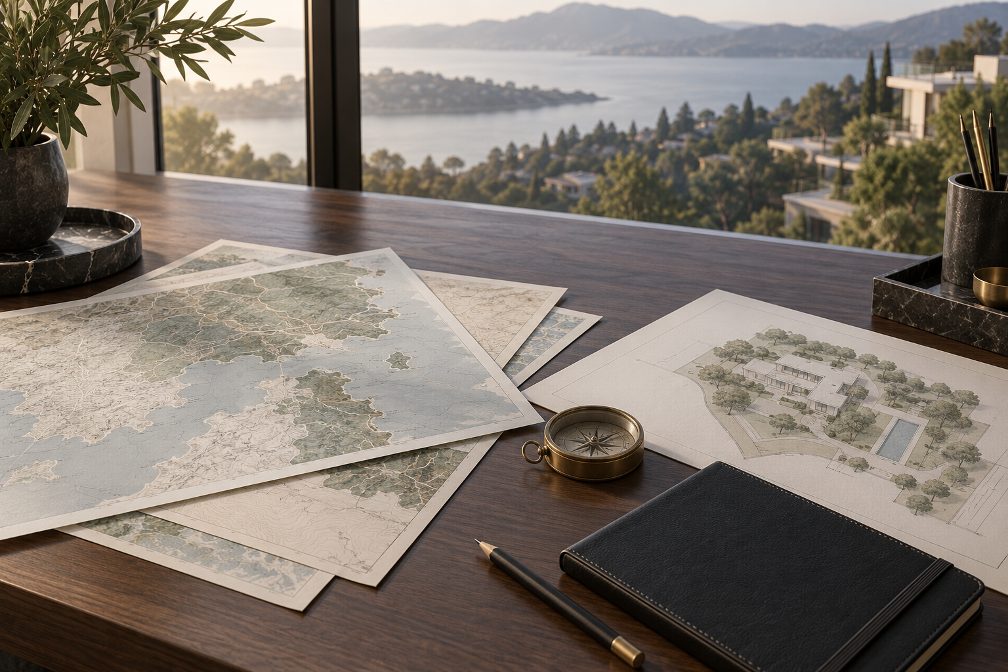 Luxury real estate market knowledge represented by regional maps, a site plan and an advisor notebook